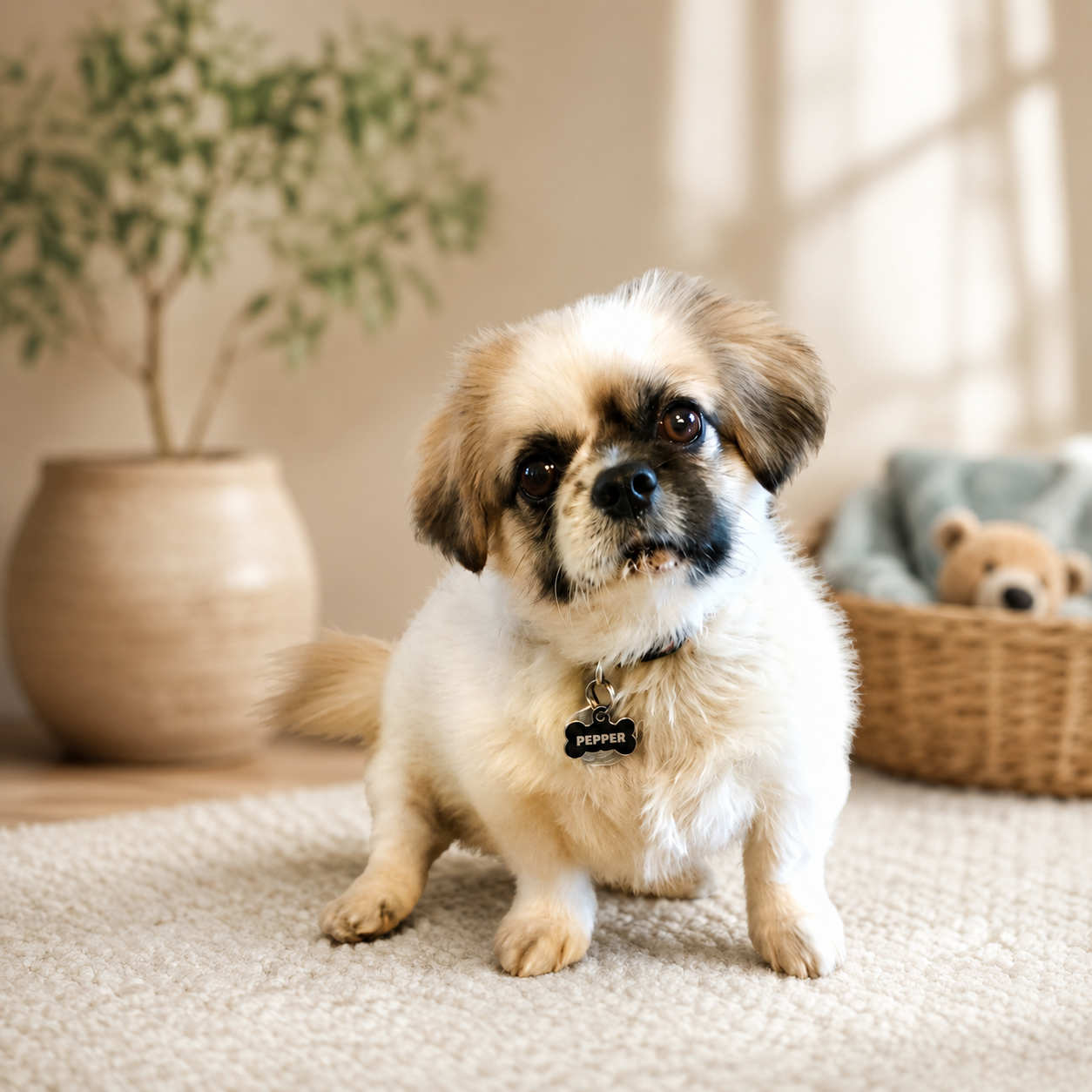 Pepper, a small fluffy dog with a PEPPER name tag, standing on a soft rug