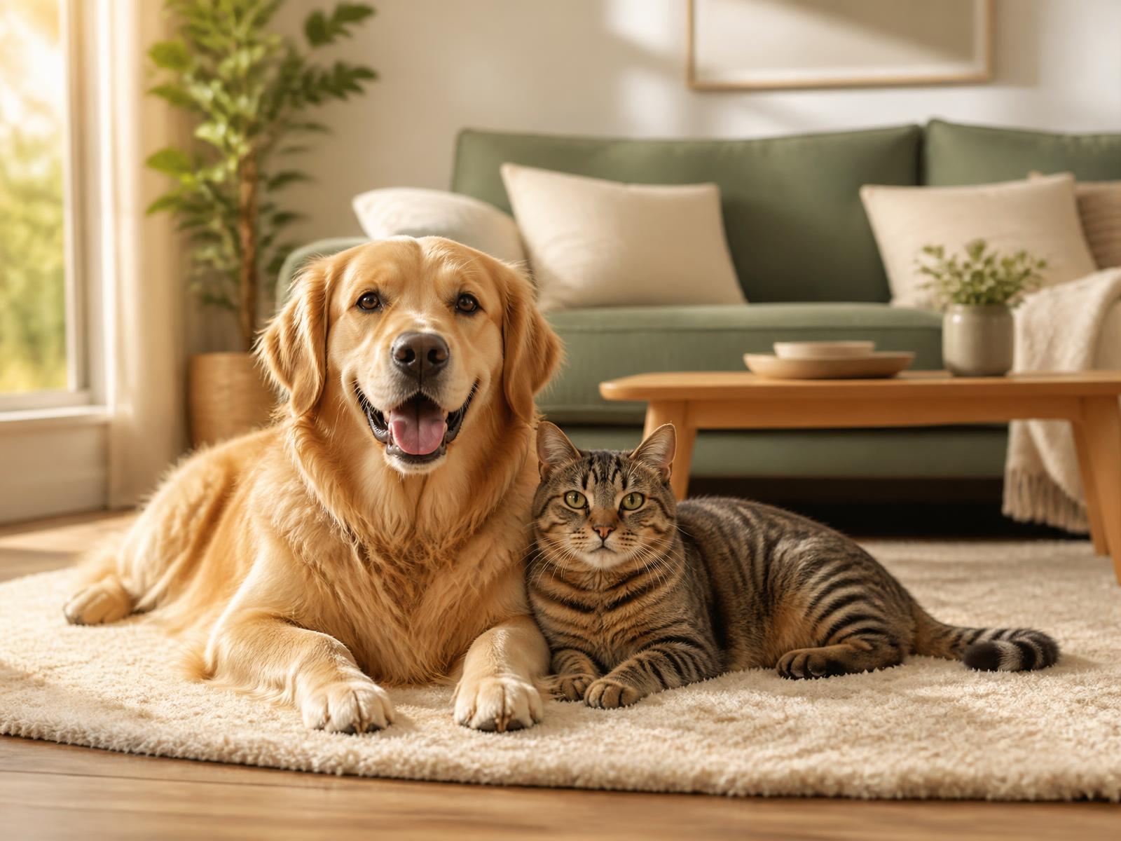 A happy golden retriever resting beside its owner in a sunlit living room